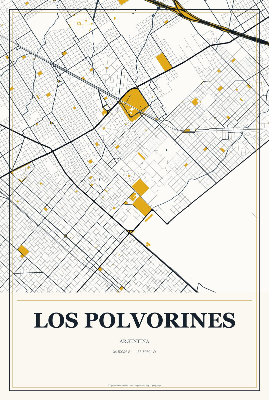 Los Polvorines, Argentina City Map Aluminum Sign in Citrine Modern style