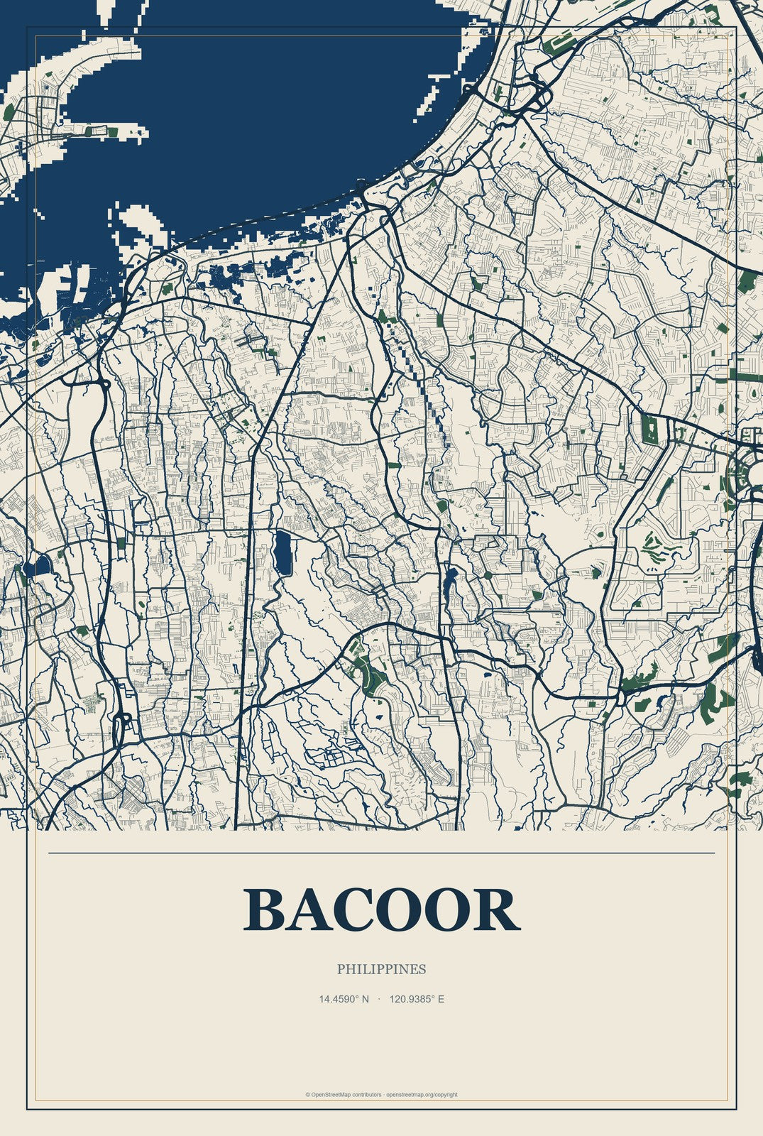 Bacoor, Philippines City Map Aluminum Sign in Coastal Cutout style