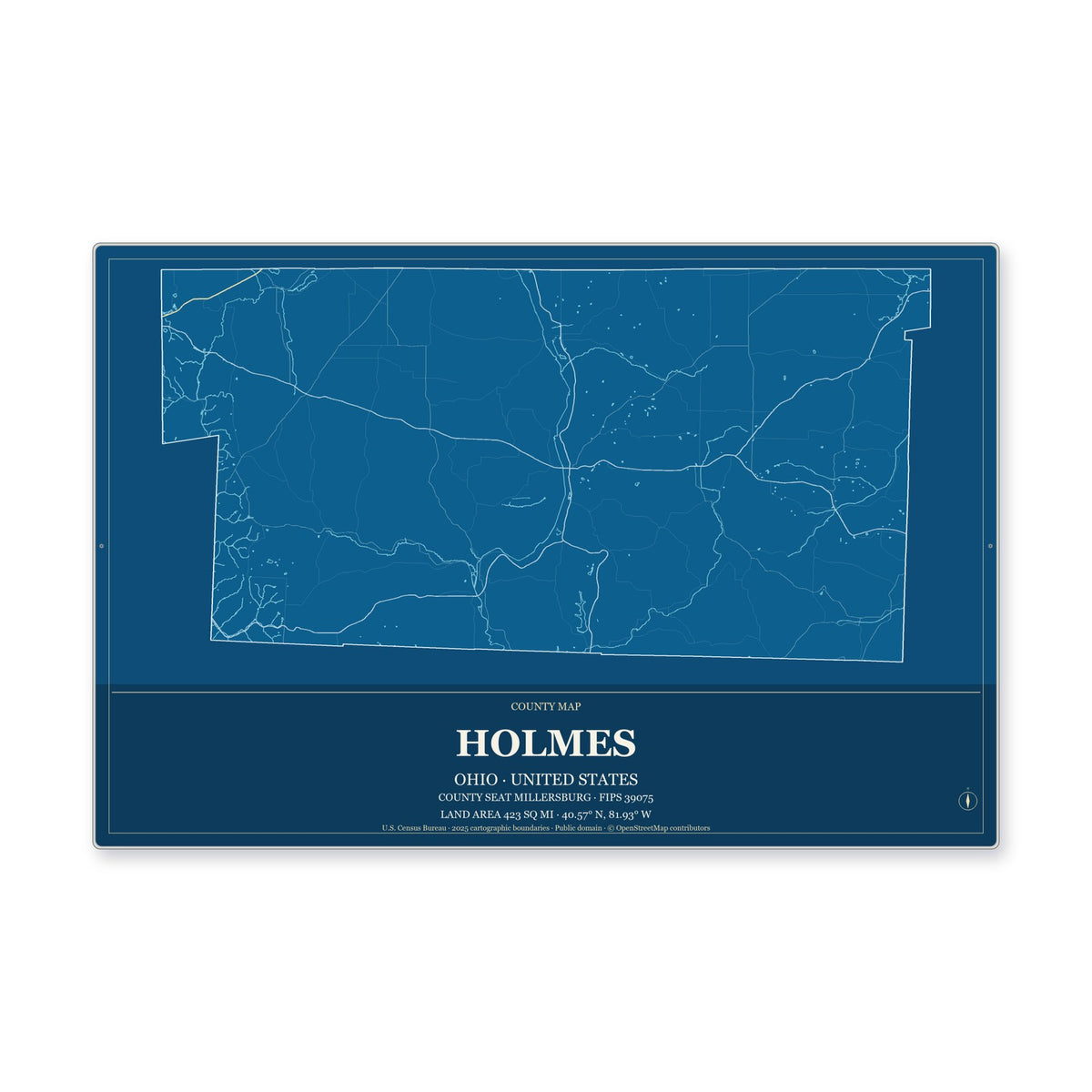 Holmes County, Ohio Map Aluminum Sign in Harbor Cobalt style