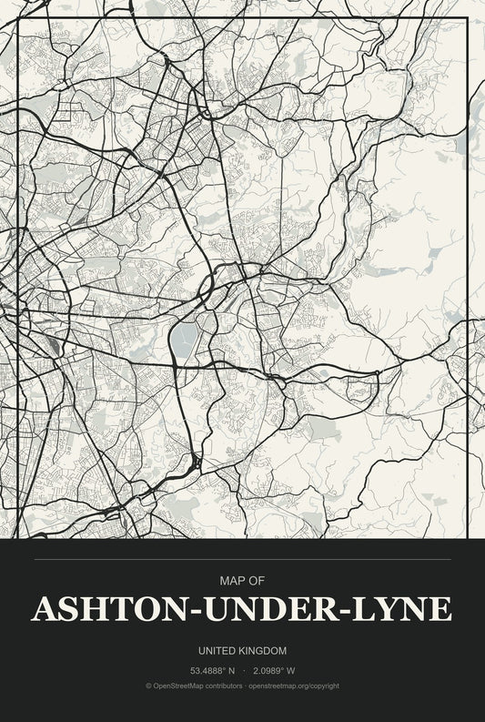 Ashton-under-Lyne, United Kingdom City Map Aluminum Sign in Museum Plaque style