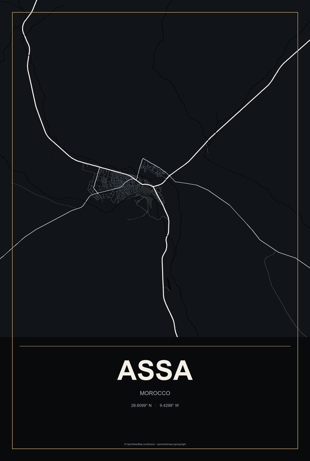 Assa, Morocco City Map Aluminum Sign in Metropolitan Noir style