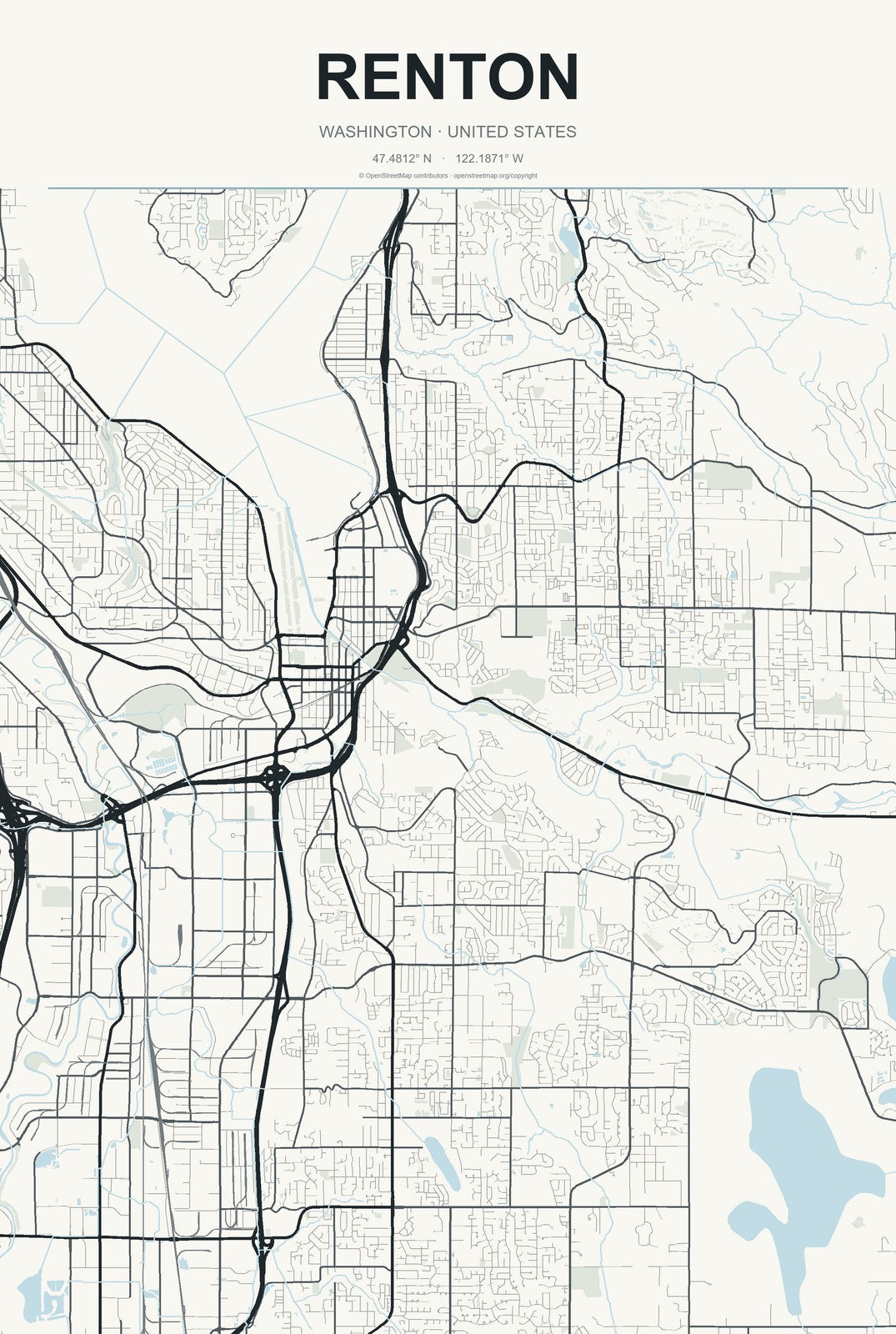 Renton, Washington City Map Aluminum Sign in Headline Atlas style