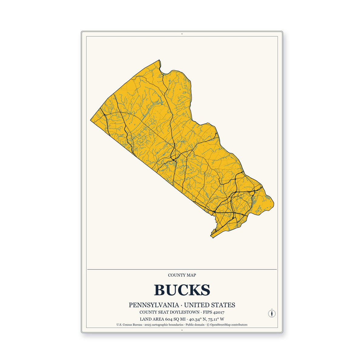 Bucks County, Pennsylvania Map Aluminum Sign in Citrine Modern style