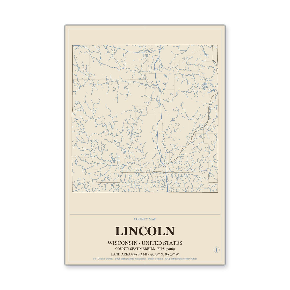 Lincoln County, Wisconsin Map Aluminum Sign in Heritage Nautical style
