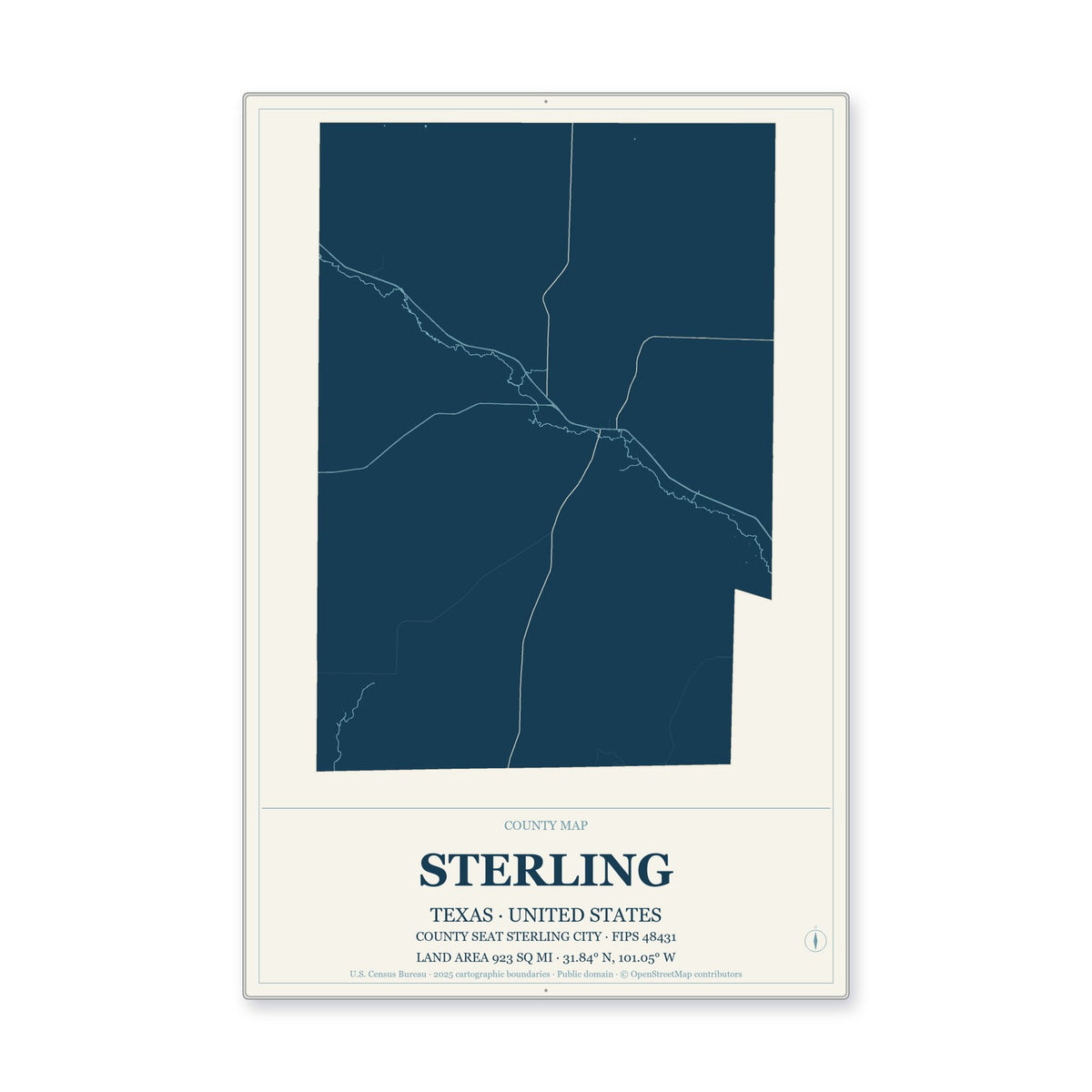 Sterling County, Texas Map Aluminum Sign in Coastal Cutout style