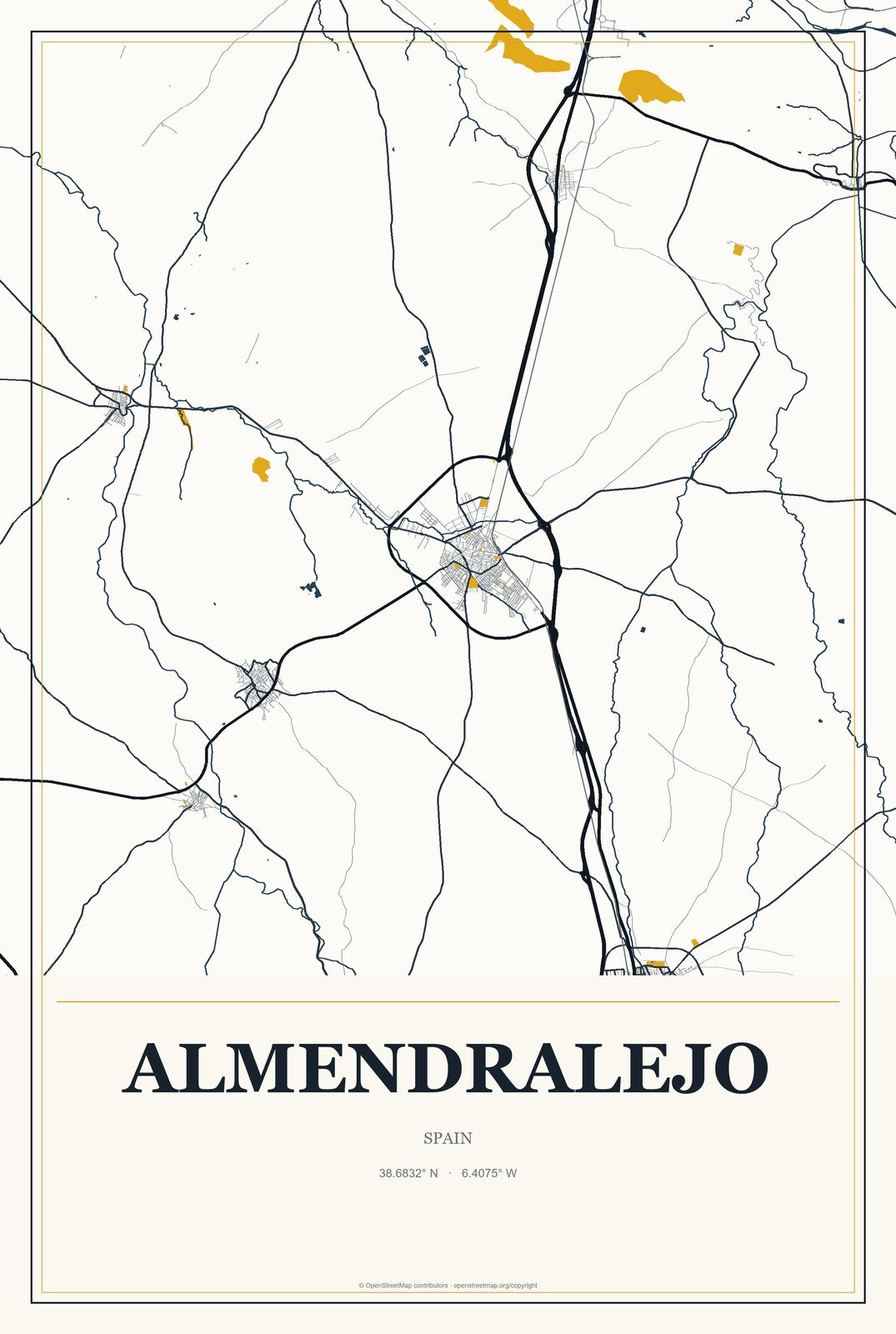 Almendralejo, Spain City Map Aluminum Sign in Citrine Modern style