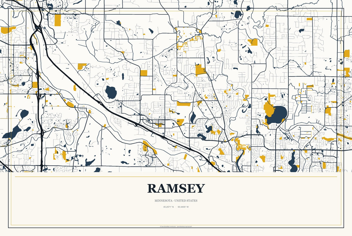 Ramsey, Minnesota City Map Aluminum Sign in Citrine Modern style