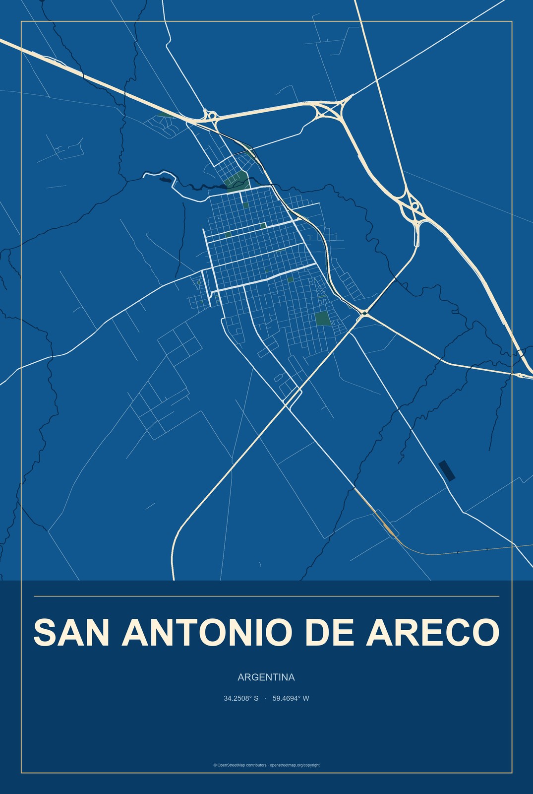 San Antonio de Areco, Argentina City Map Aluminum Sign in Harbor Cobalt style