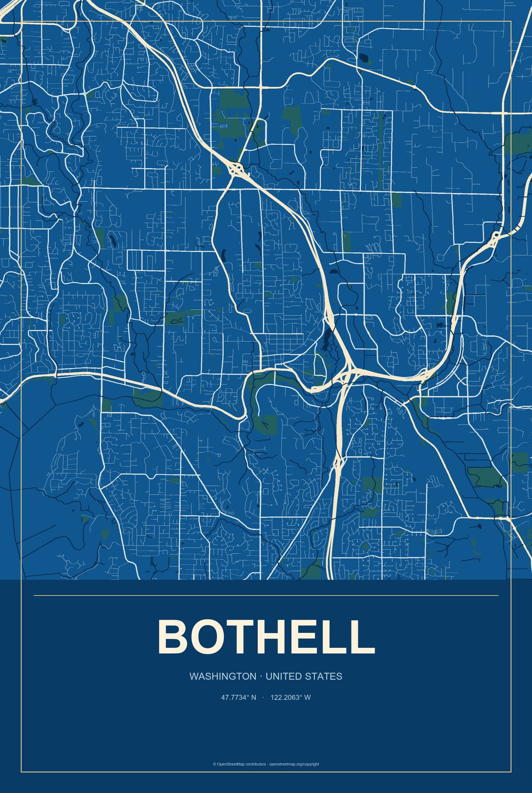 Bothell, Washington City Map Aluminum Sign in Harbor Cobalt style