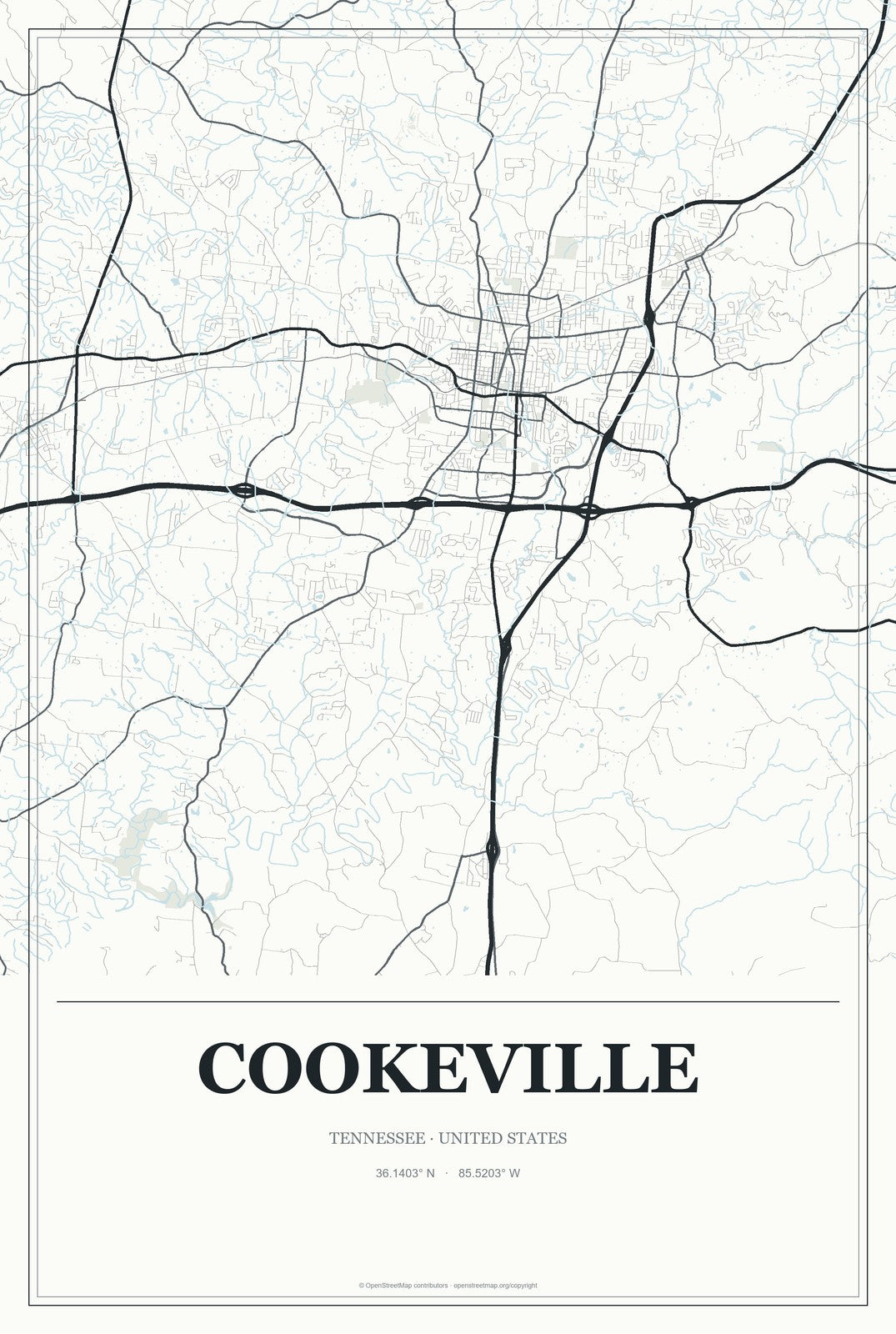 Cookeville, Tennessee City Map Aluminum Sign in Gallery Air style