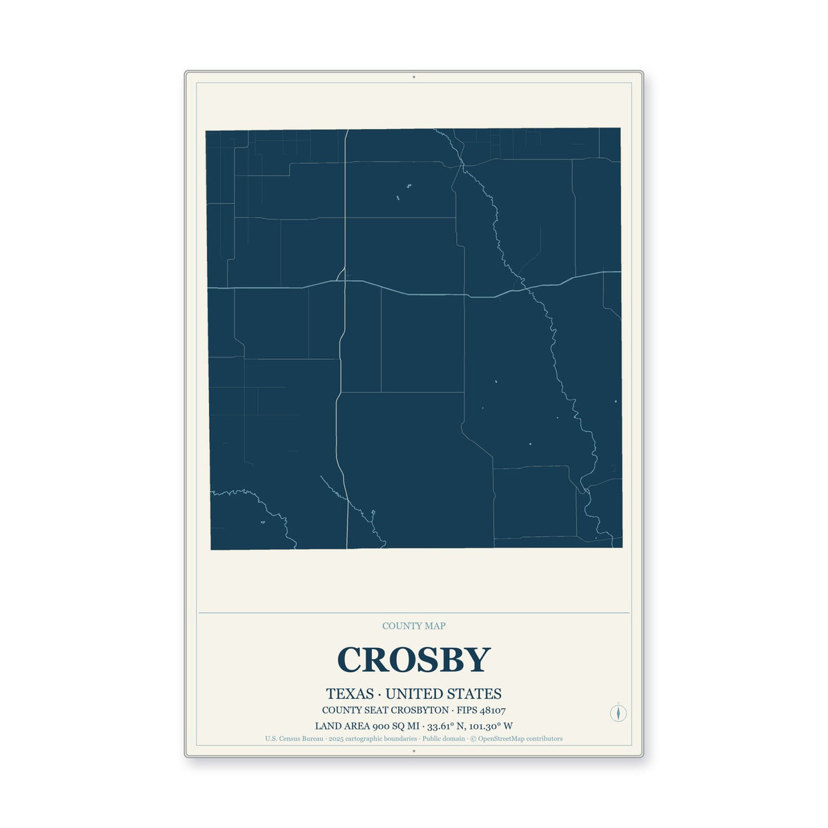 Crosby County, Texas Map Aluminum Sign in Coastal Cutout style
