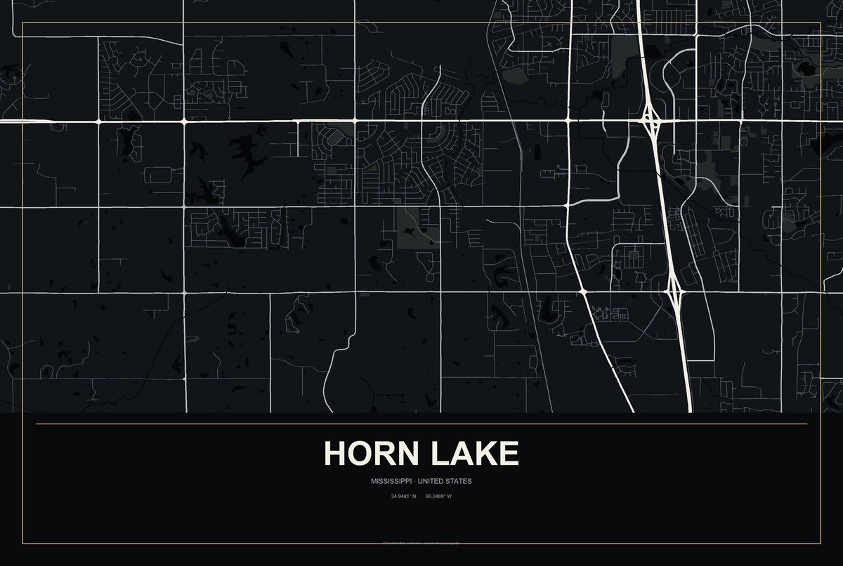 Horn Lake, Mississippi City Map Aluminum Sign in Metropolitan Noir style