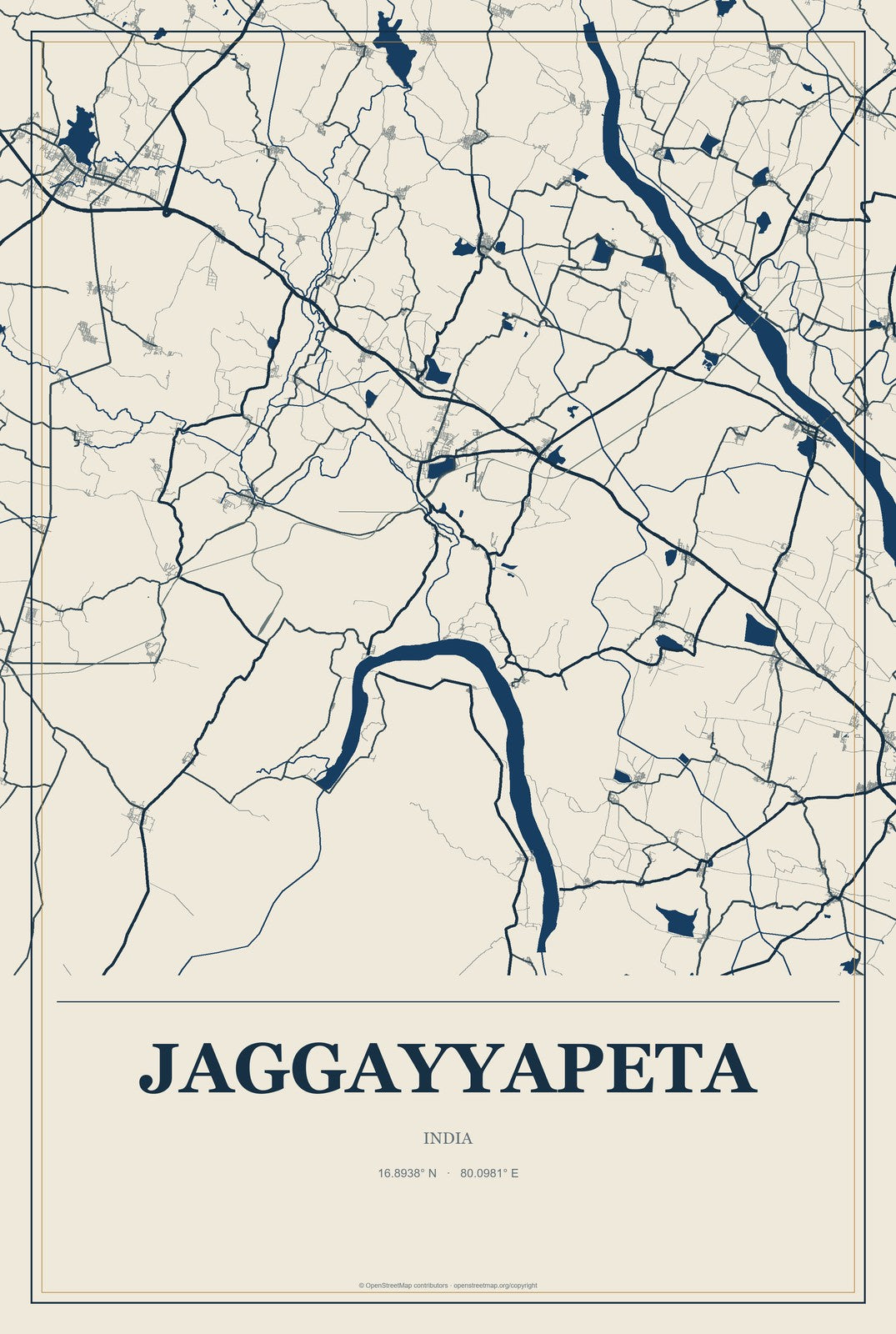 Jaggayyapeta, India City Map Aluminum Sign in Coastal Cutout style