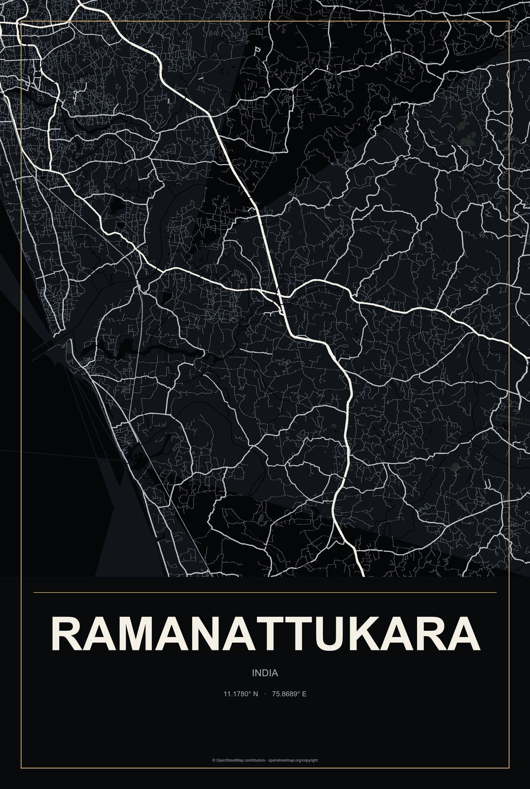 Ramanattukara, India City Map Aluminum Sign in Metropolitan Noir style