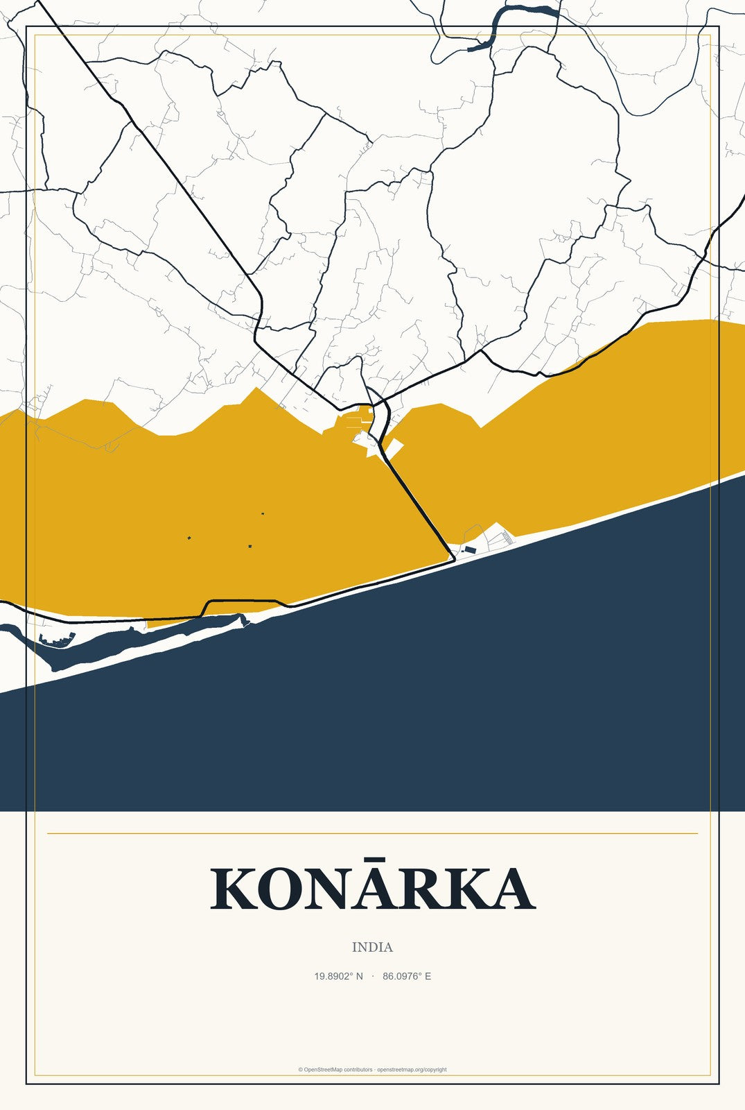 Konārka, India City Map Aluminum Sign in Citrine Modern style