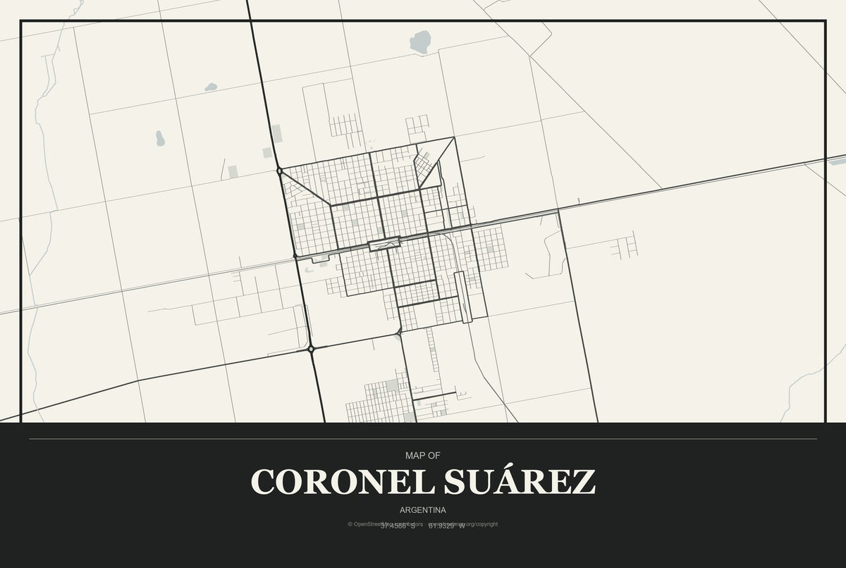 Coronel Suárez, Argentina City Map Aluminum Sign in Museum Plaque style