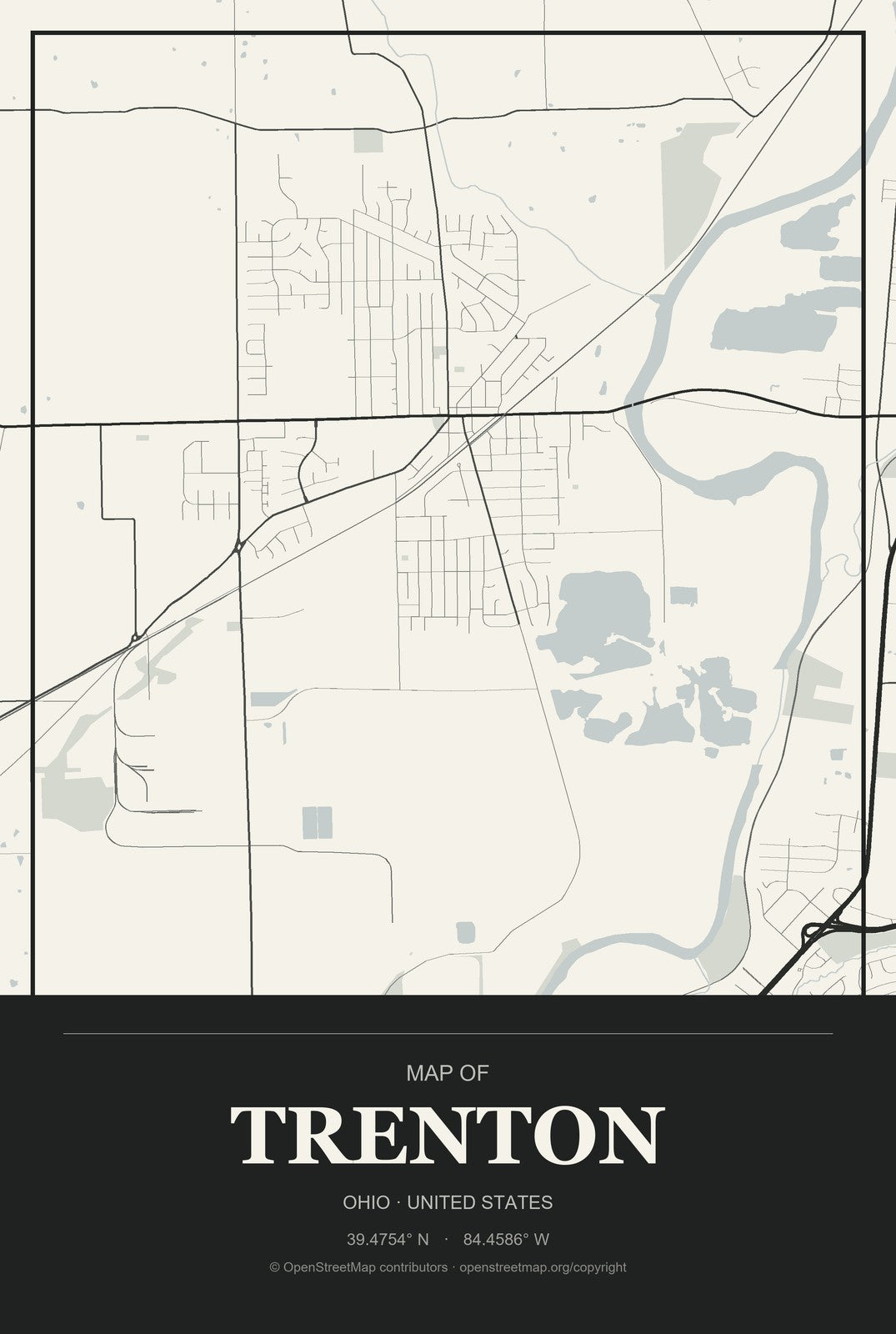 Trenton, Ohio City Map Aluminum Sign in Museum Plaque style