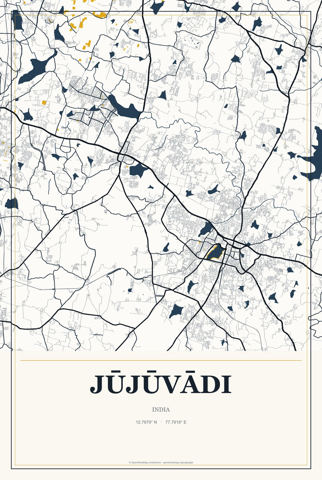 Jūjūvādi, India City Map Aluminum Sign in Citrine Modern style