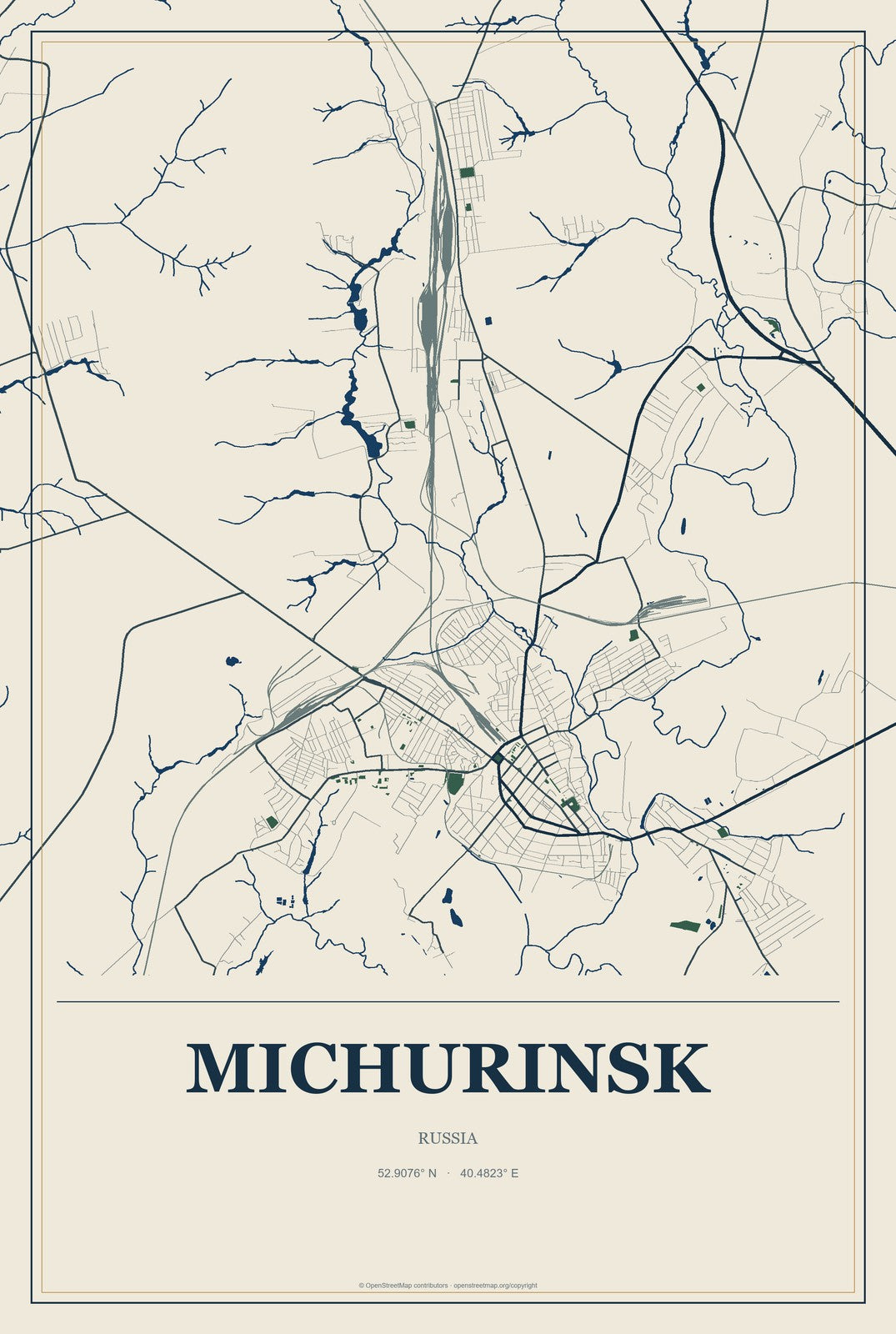 Michurinsk, Russia City Map Aluminum Sign in Coastal Cutout style