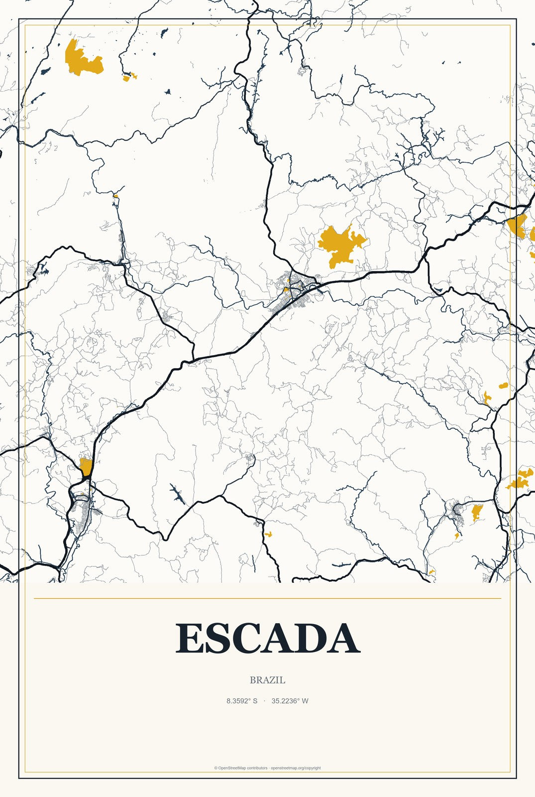 Escada, Brazil City Map Aluminum Sign in Citrine Modern style