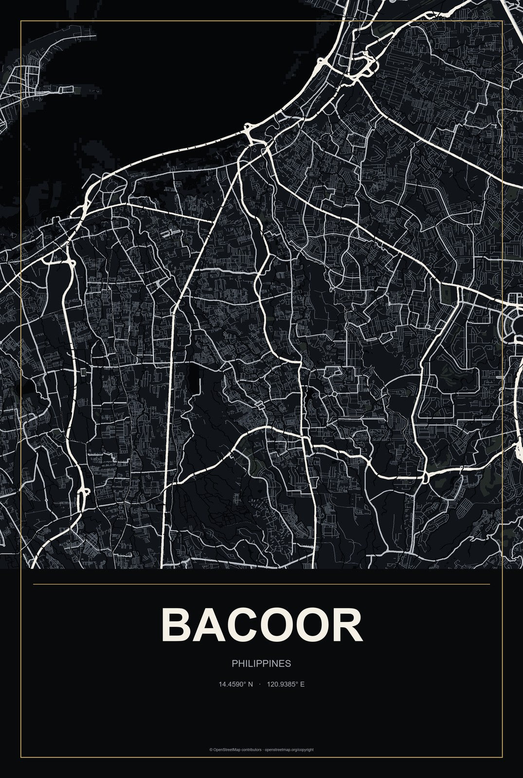 Bacoor, Philippines City Map Aluminum Sign in Metropolitan Noir style