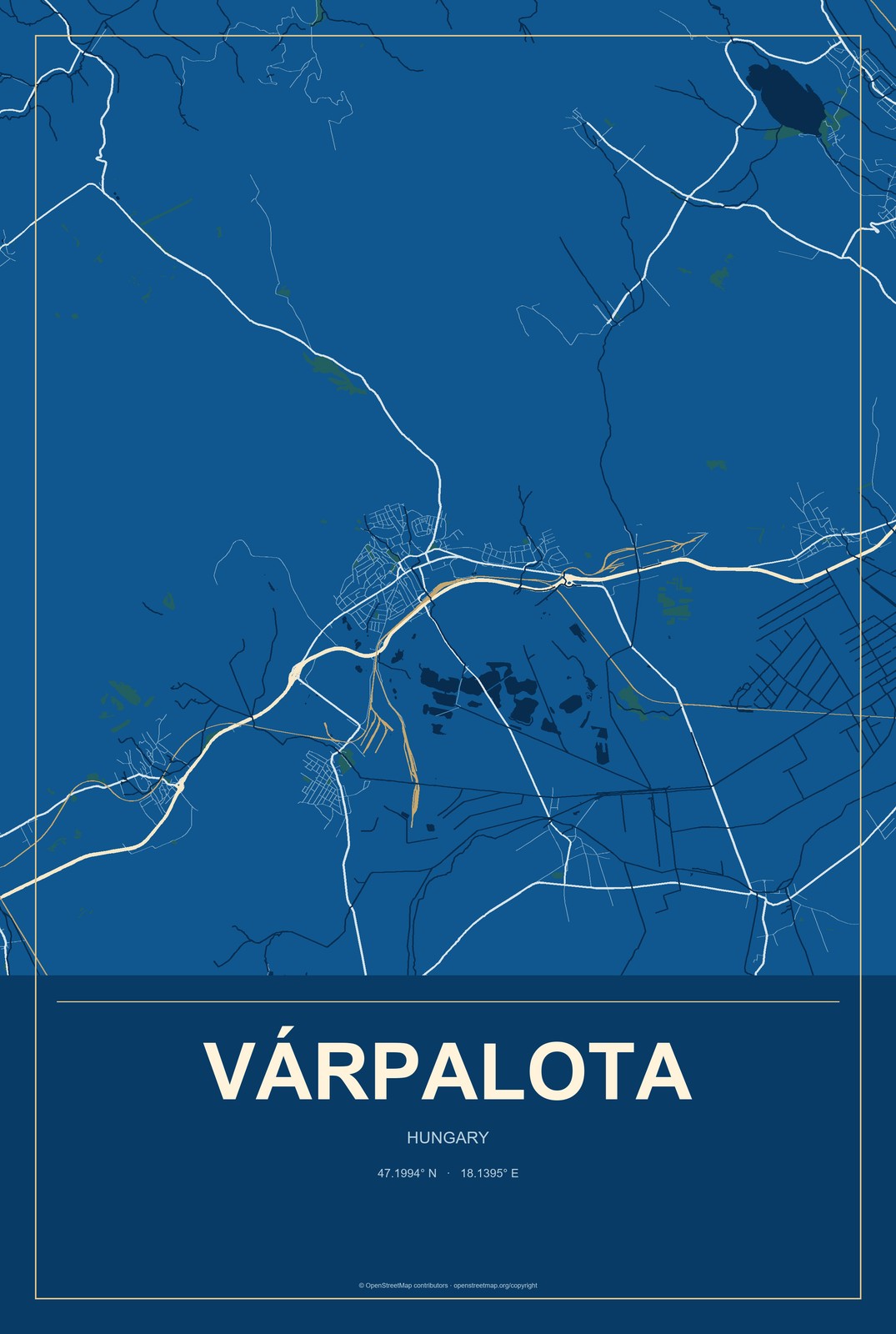 Várpalota, Hungary City Map Aluminum Sign in Harbor Cobalt style