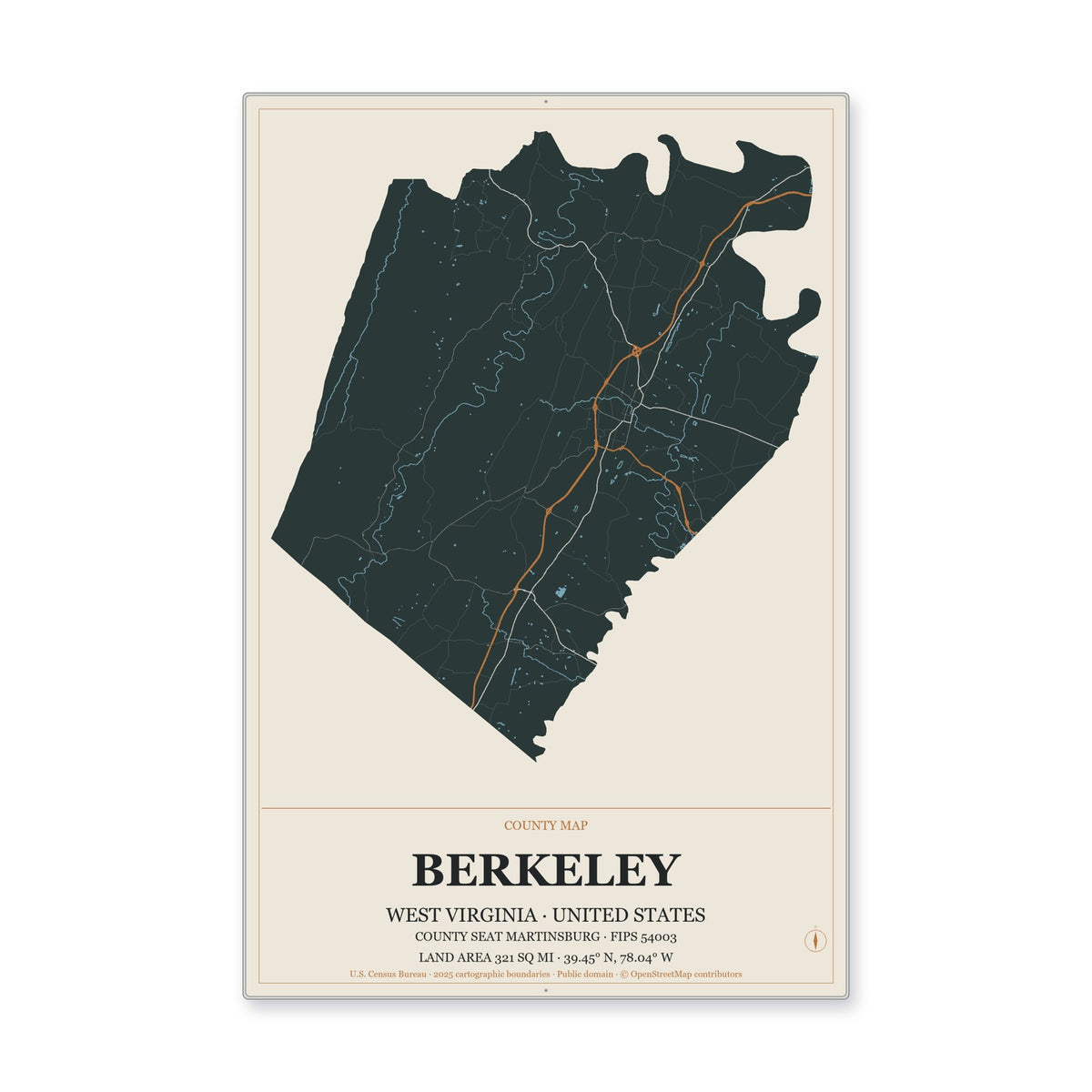 Berkeley County, West Virginia Map Aluminum Sign in Headline Atlas style