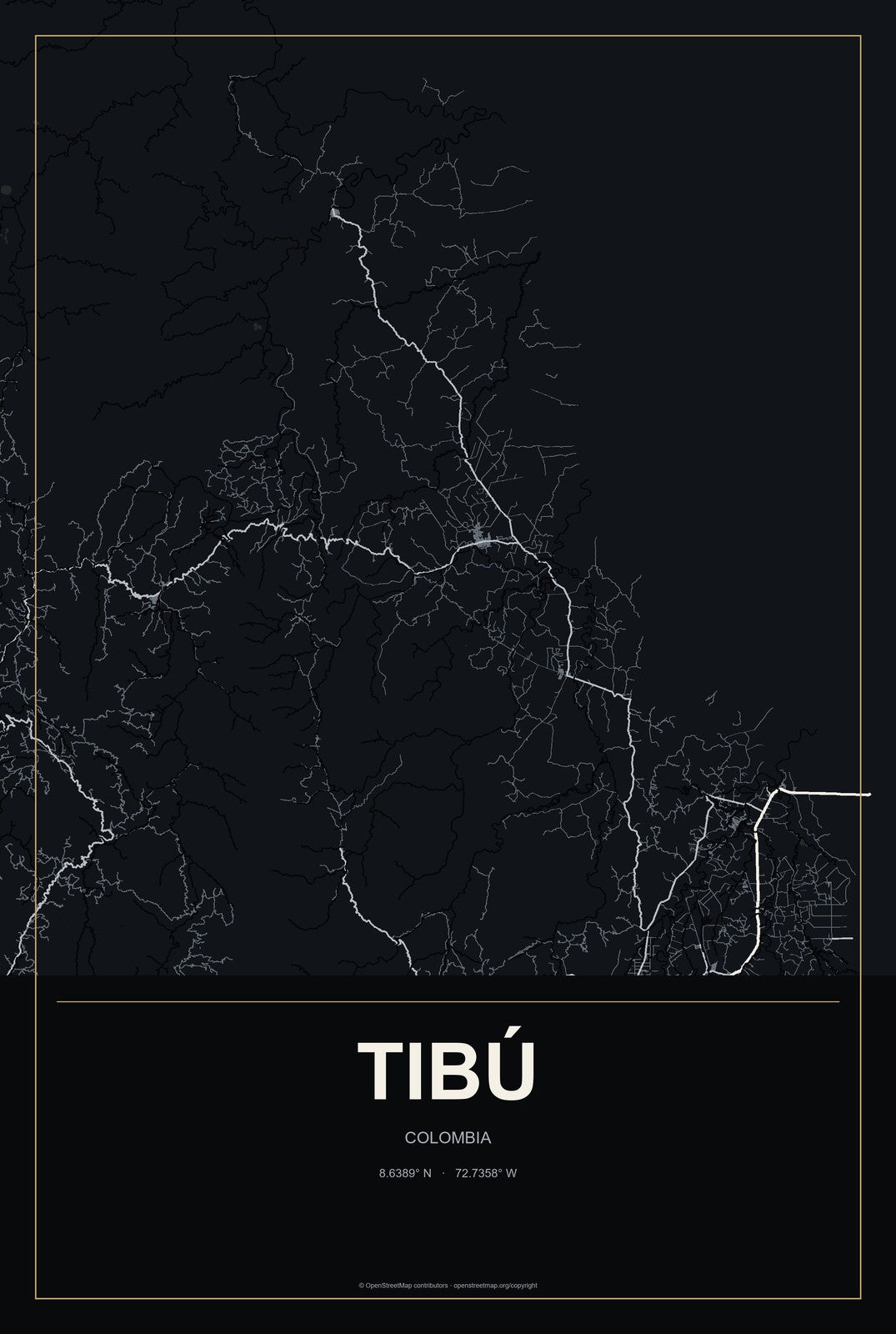 Tibú, Colombia City Map Aluminum Sign in Metropolitan Noir style