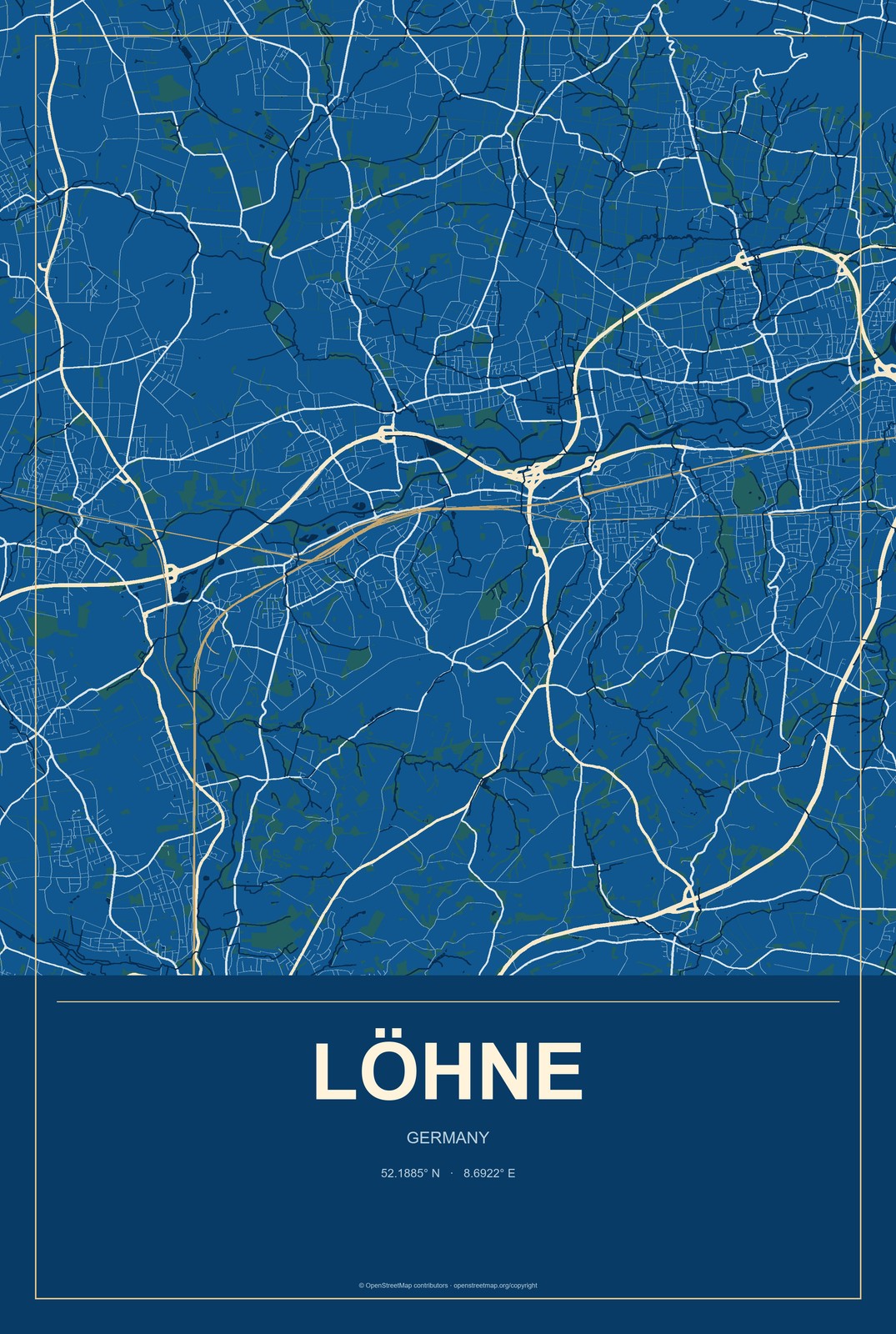Löhne, Germany City Map Aluminum Sign in Harbor Cobalt style