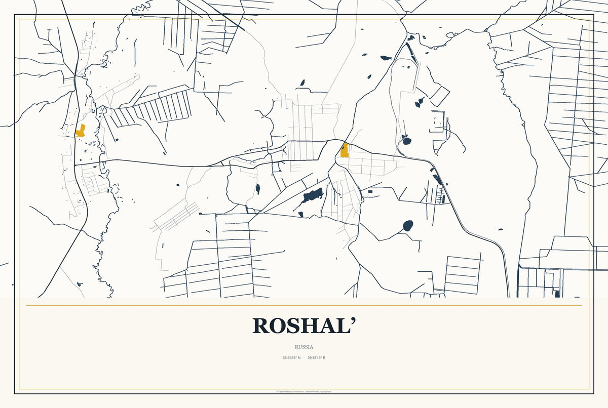 Roshal’, Russia City Map Aluminum Sign in Citrine Modern style