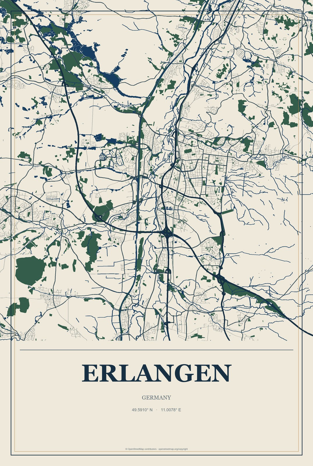 Erlangen, Germany City Map Aluminum Sign in Coastal Cutout style