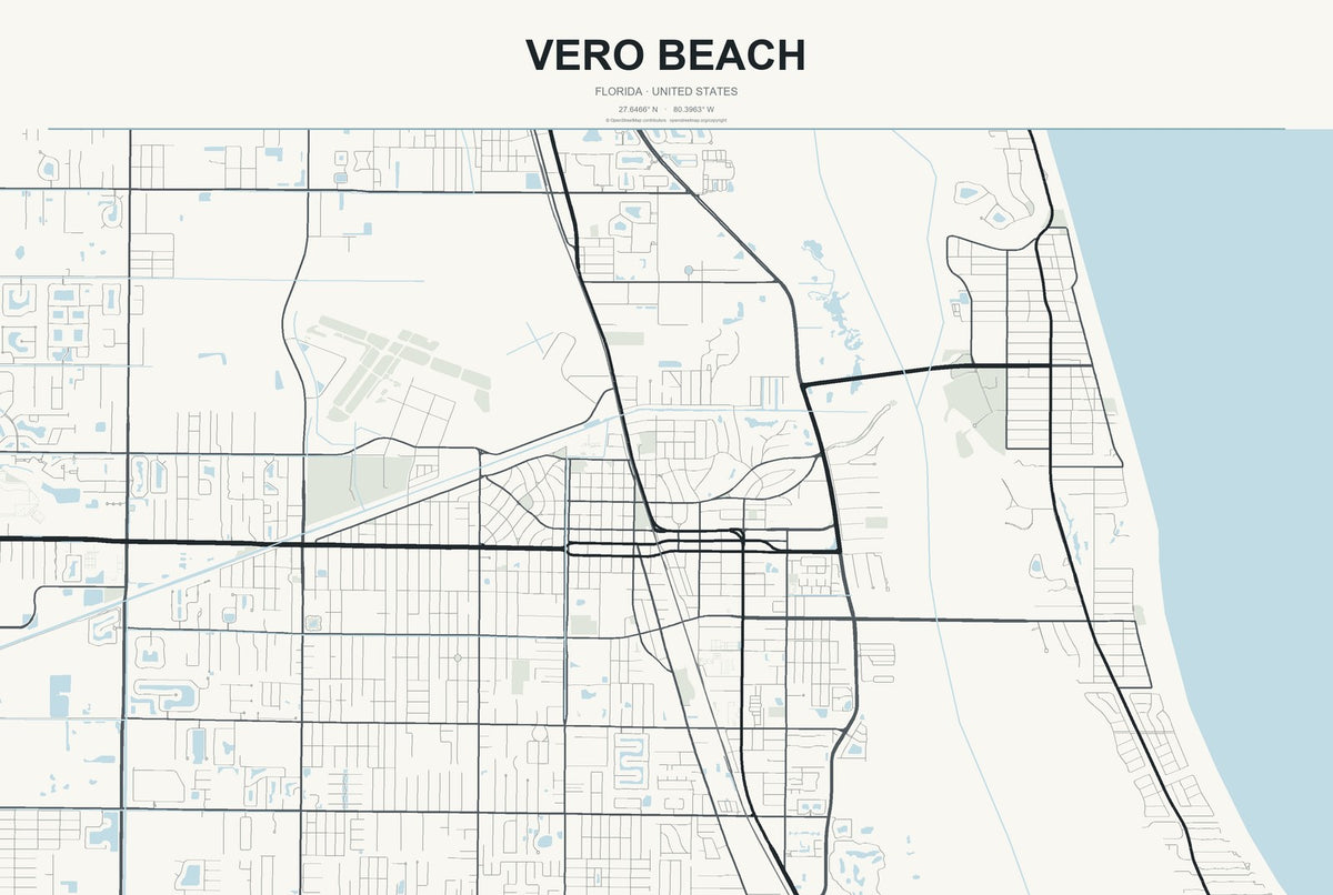 Vero Beach, Florida City Map Aluminum Sign in Headline Atlas style