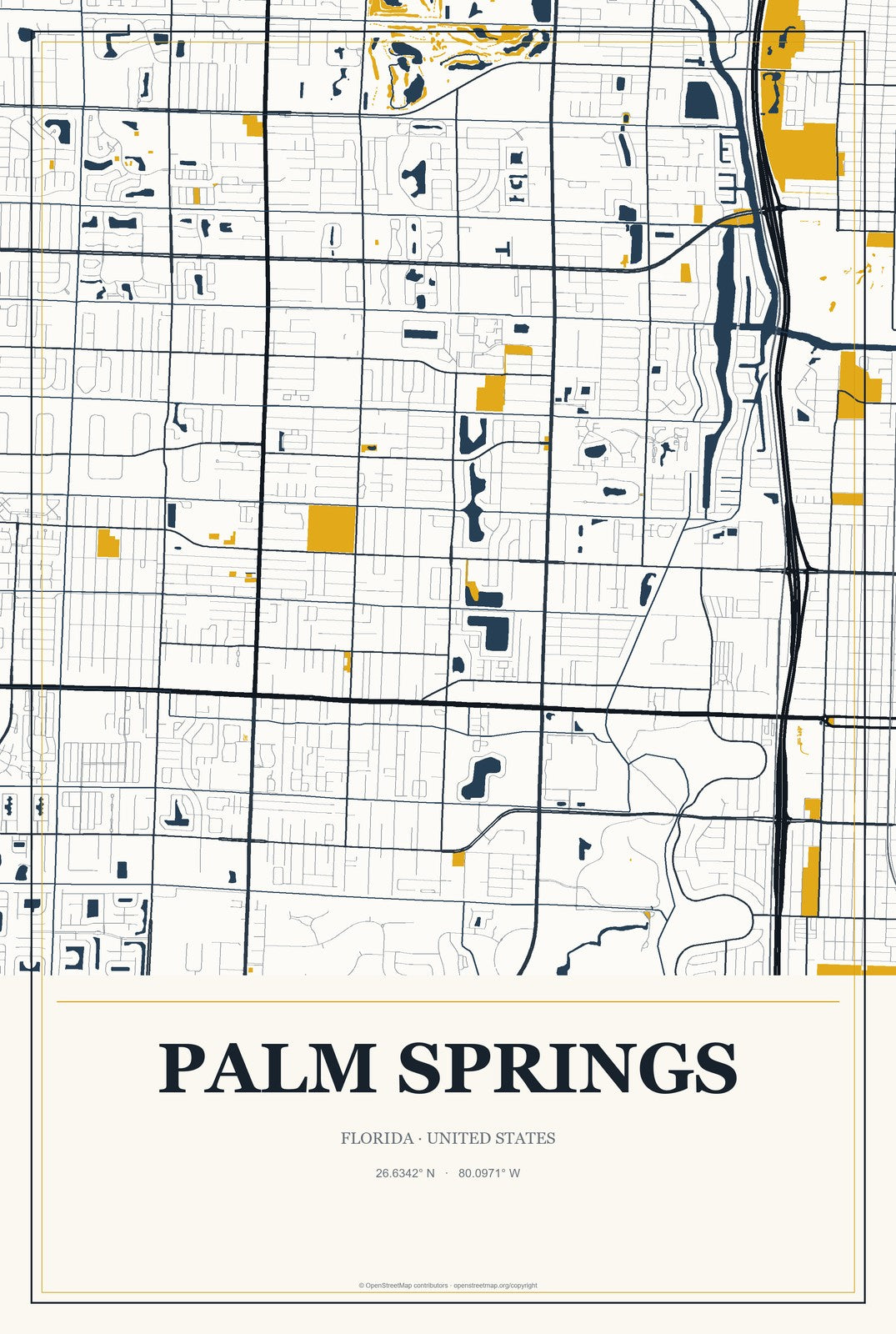 Palm Springs, Florida City Map Aluminum Sign in Citrine Modern style