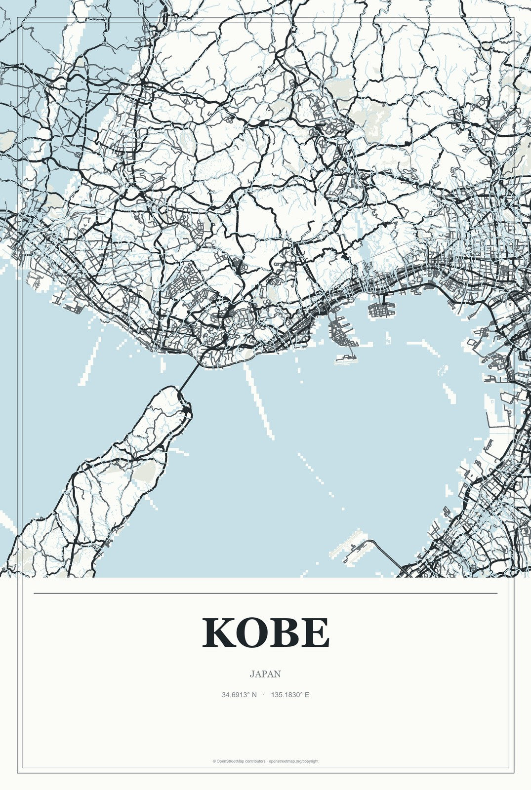 Kobe, Japan City Map Aluminum Sign in Gallery Air style