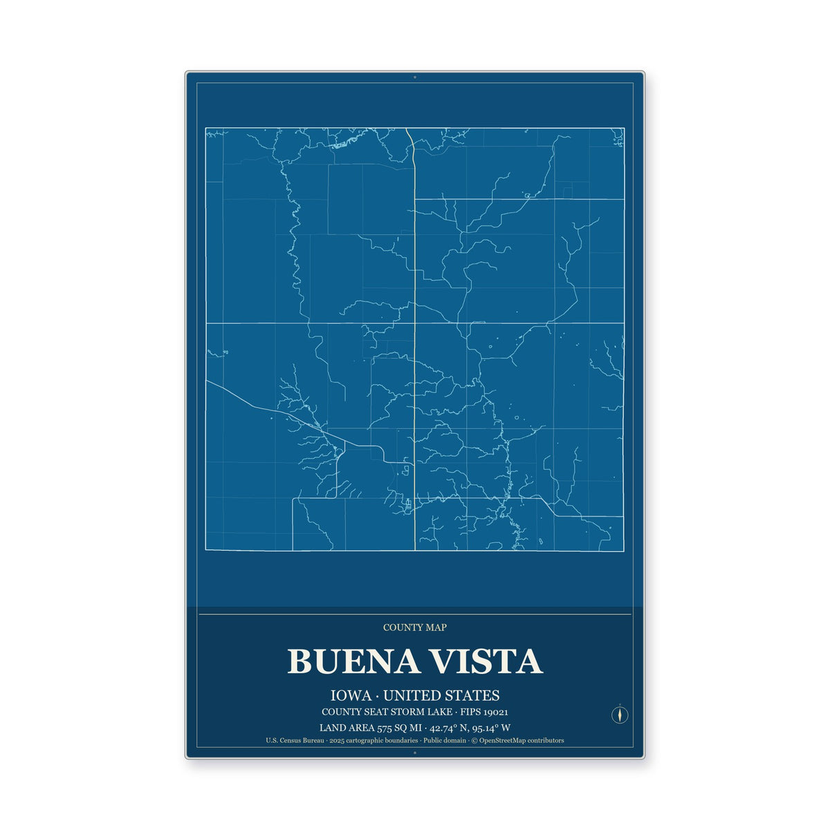 Buena Vista County, Iowa Map Aluminum Sign in Harbor Cobalt style