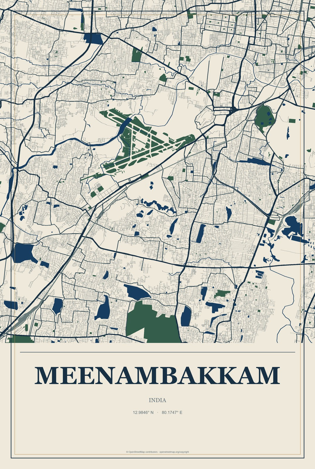 Meenambakkam, India City Map Aluminum Sign in Coastal Cutout style