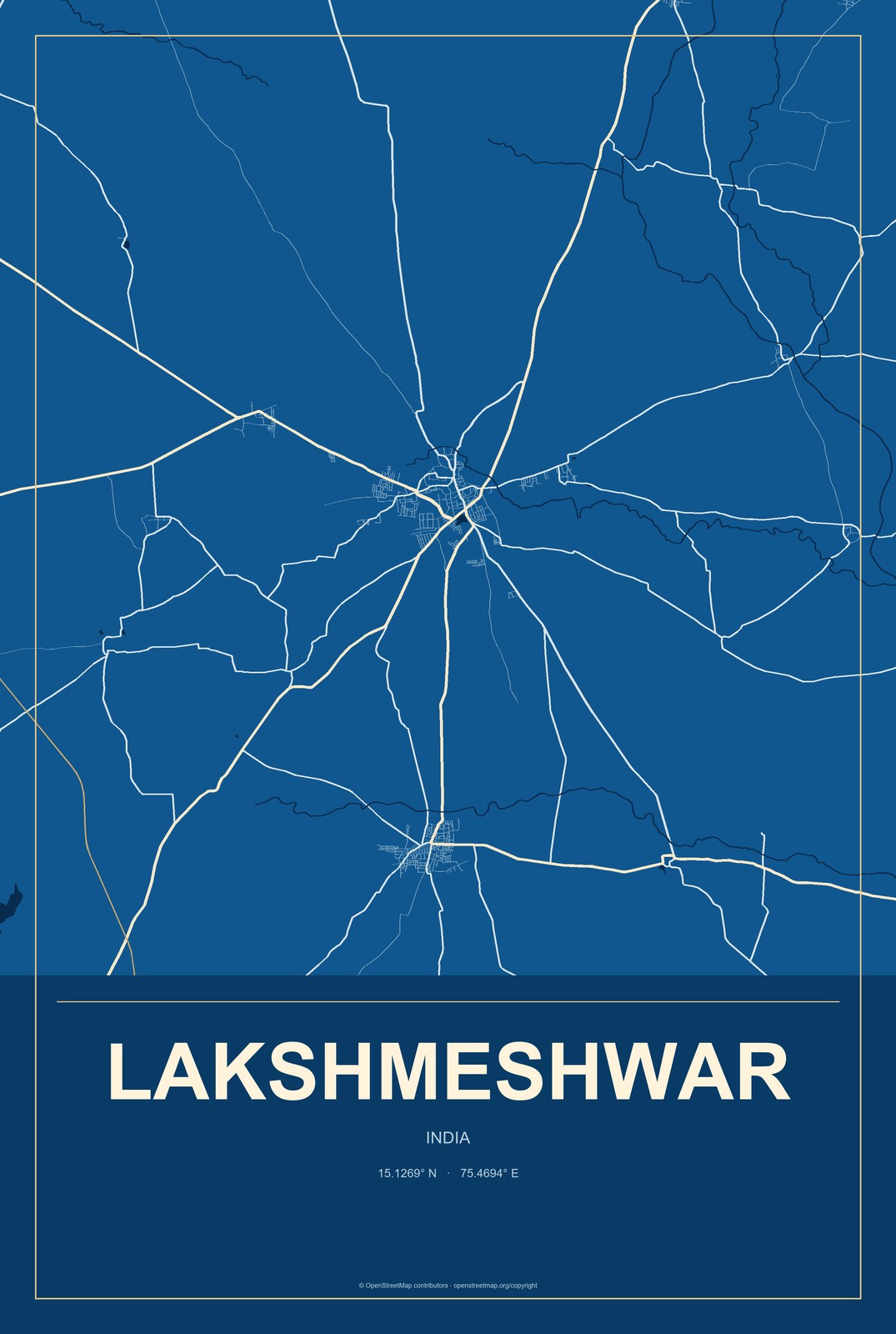 Lakshmeshwar, India City Map Aluminum Sign in Harbor Cobalt style