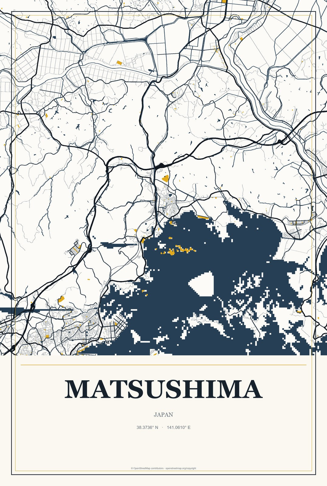 Matsushima, Japan City Map Aluminum Sign in Citrine Modern style