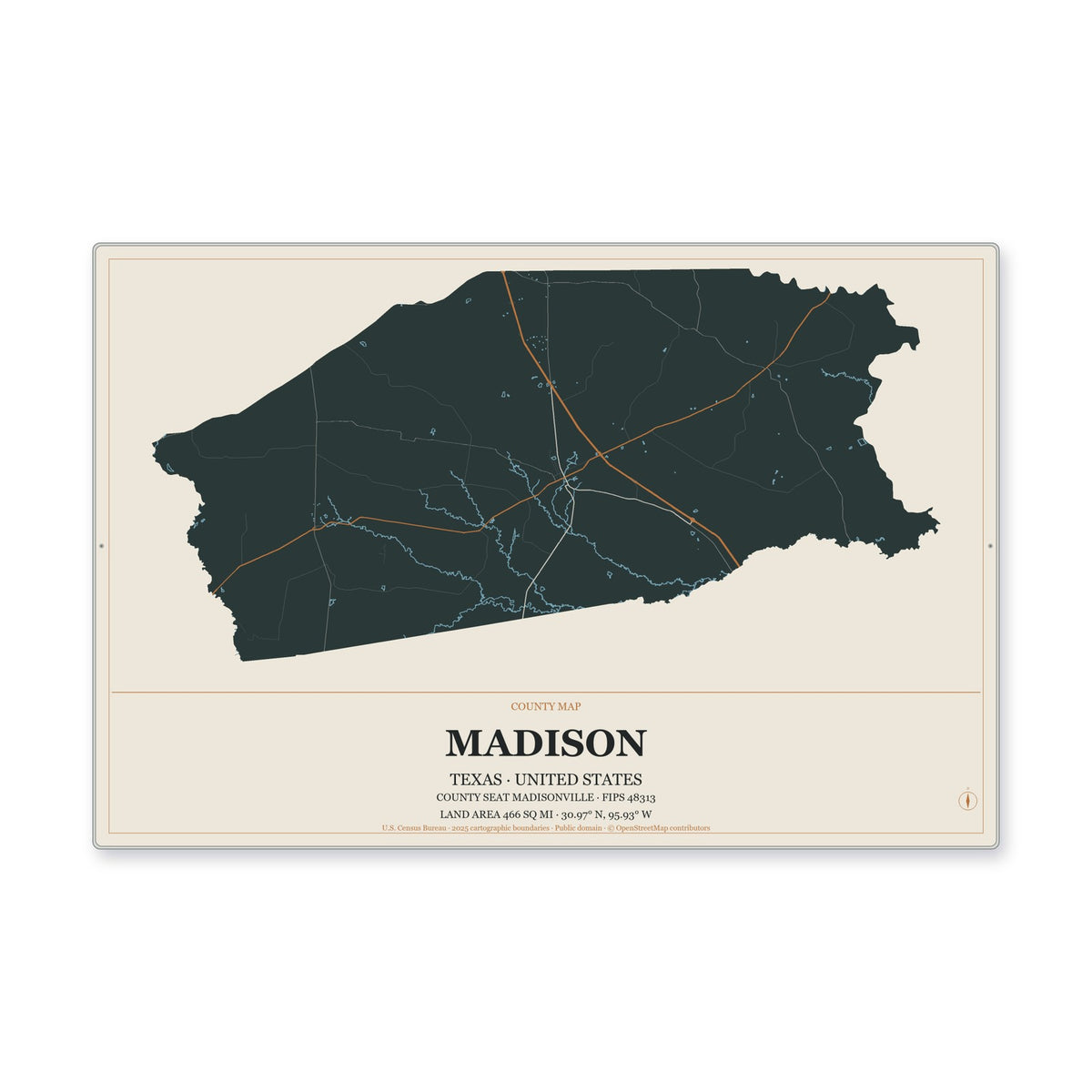 Madison County, Texas Map Aluminum Sign in Headline Atlas style