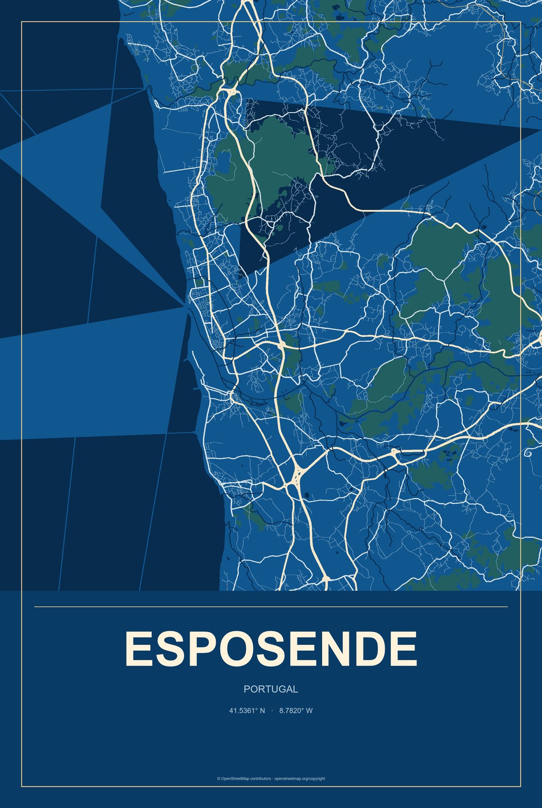 Esposende, Portugal City Map Aluminum Sign in Harbor Cobalt style