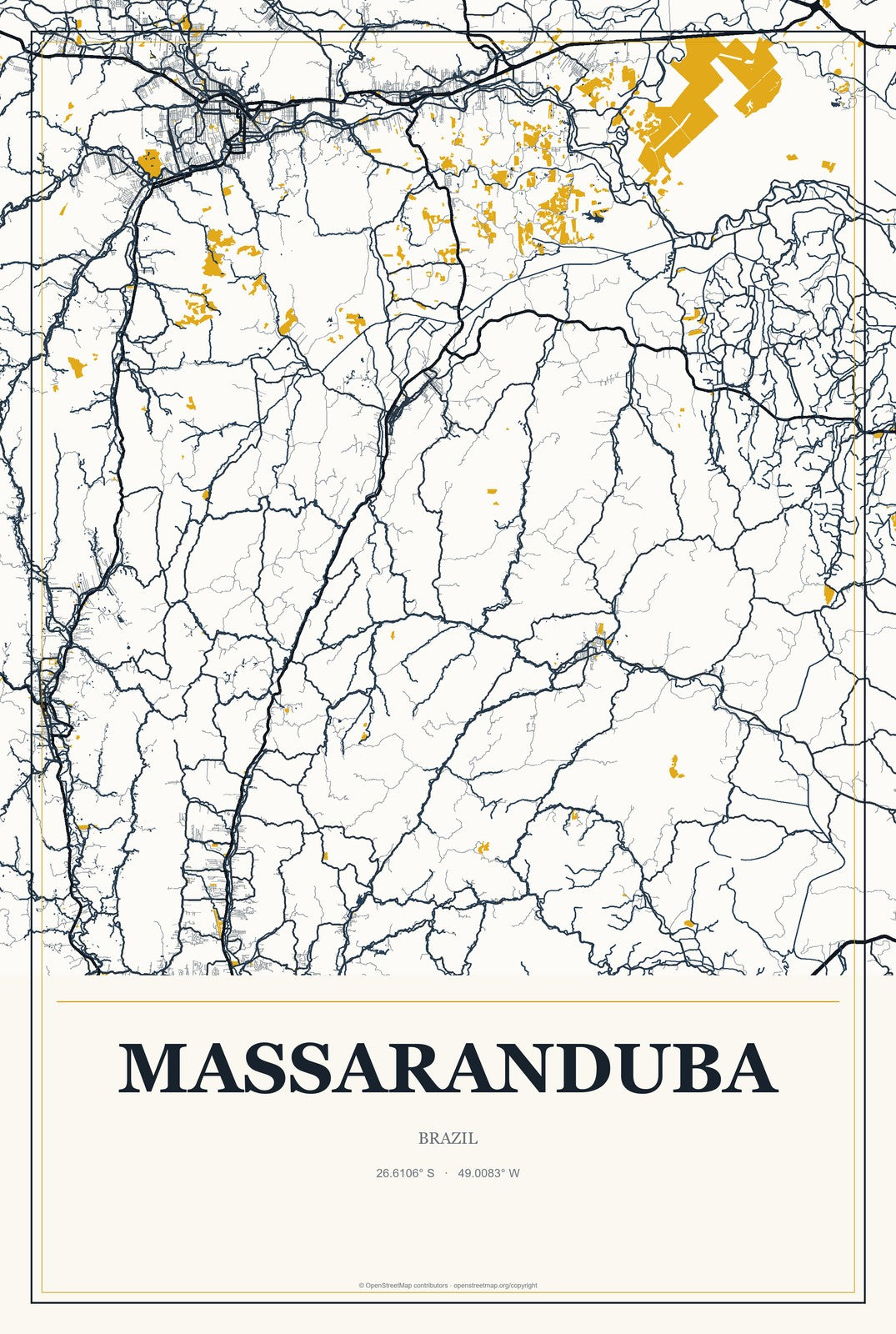 Massaranduba, Paraíba, Brazil City Map Aluminum Sign in Citrine Modern style