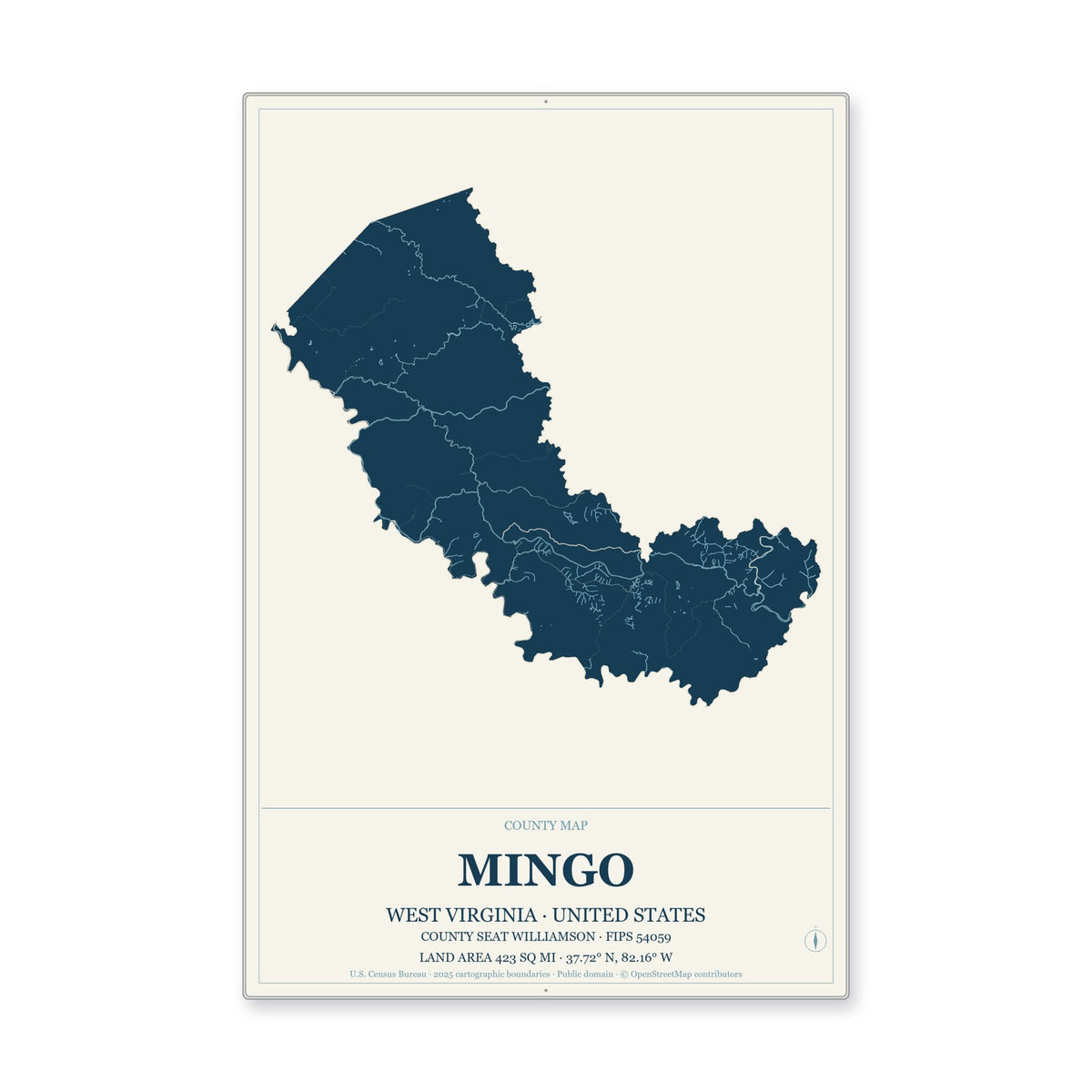 Mingo County, West Virginia Map Aluminum Sign in Coastal Cutout style