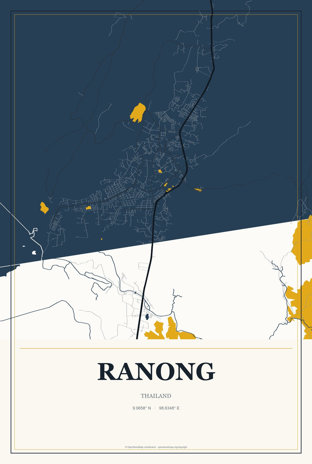 Ranong, Thailand City Map Aluminum Sign in Citrine Modern style