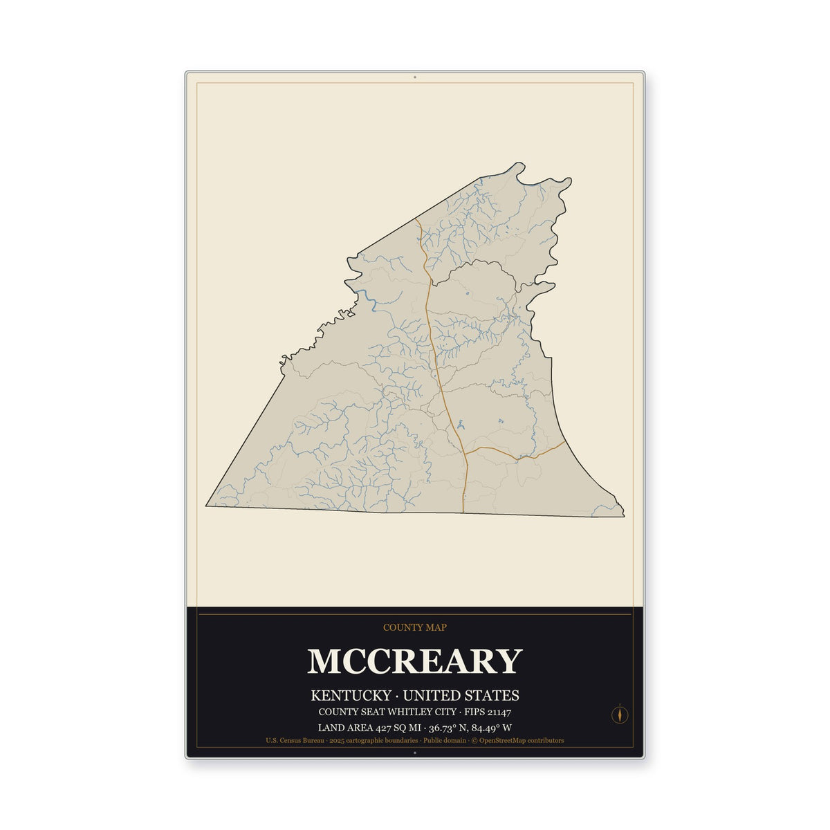 McCreary County, Kentucky Map Aluminum Sign in Museum Plaque style