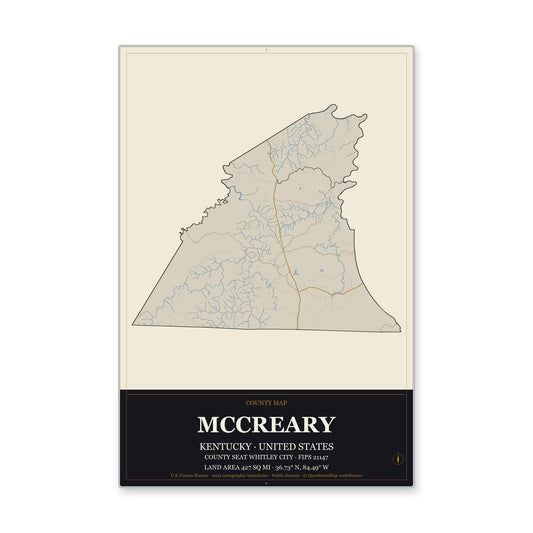 McCreary County, Kentucky Map Aluminum Sign in Museum Plaque style