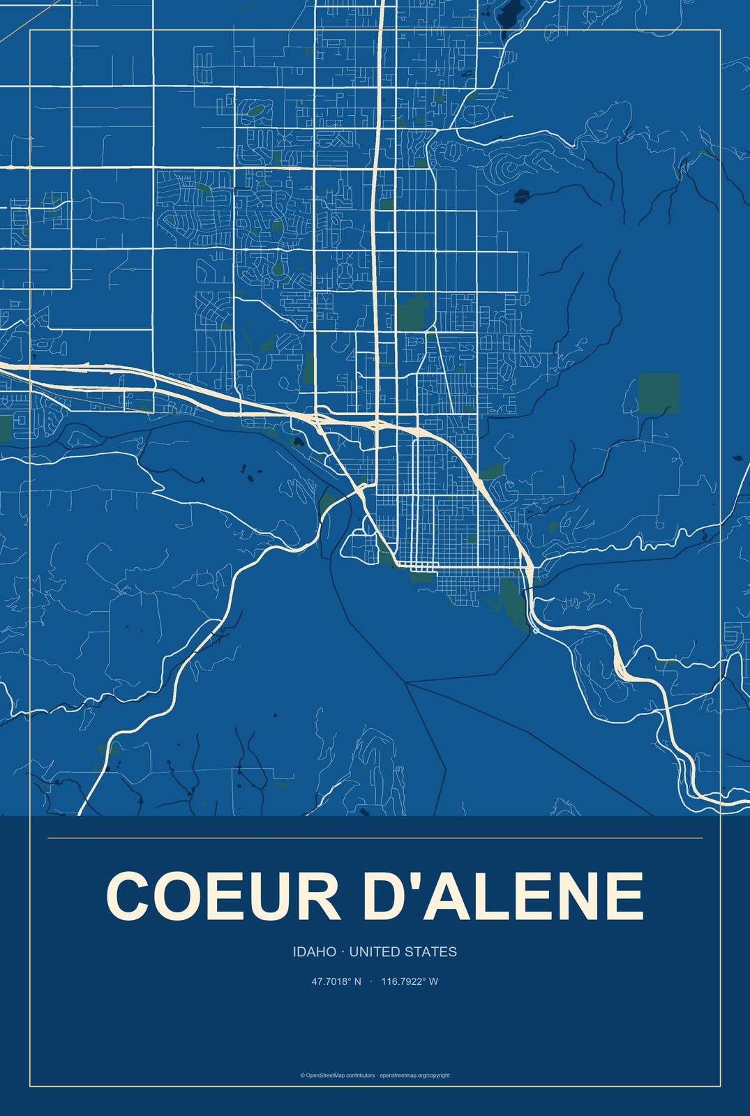 Coeur d'Alene, Idaho City Map Aluminum Sign in Harbor Cobalt style