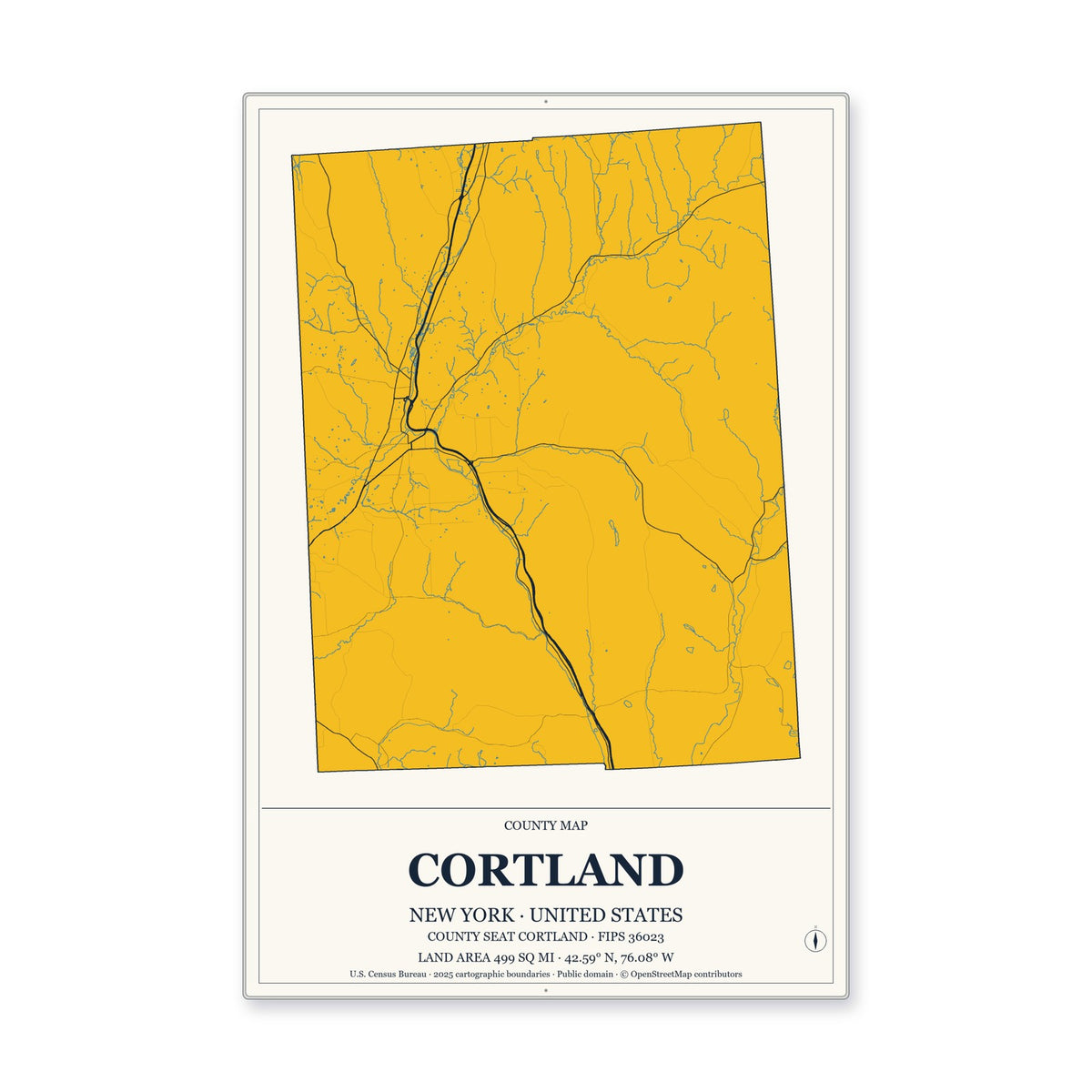 Cortland County, New York Map Aluminum Sign in Citrine Modern style
