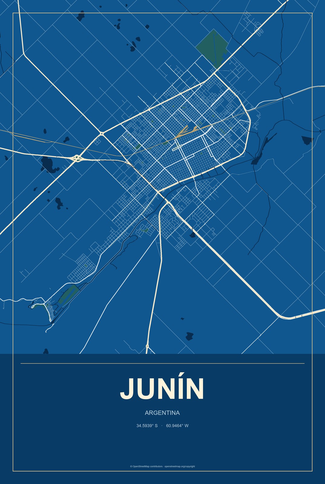 Junín, Mendoza, Argentina City Map Aluminum Sign in Harbor Cobalt style