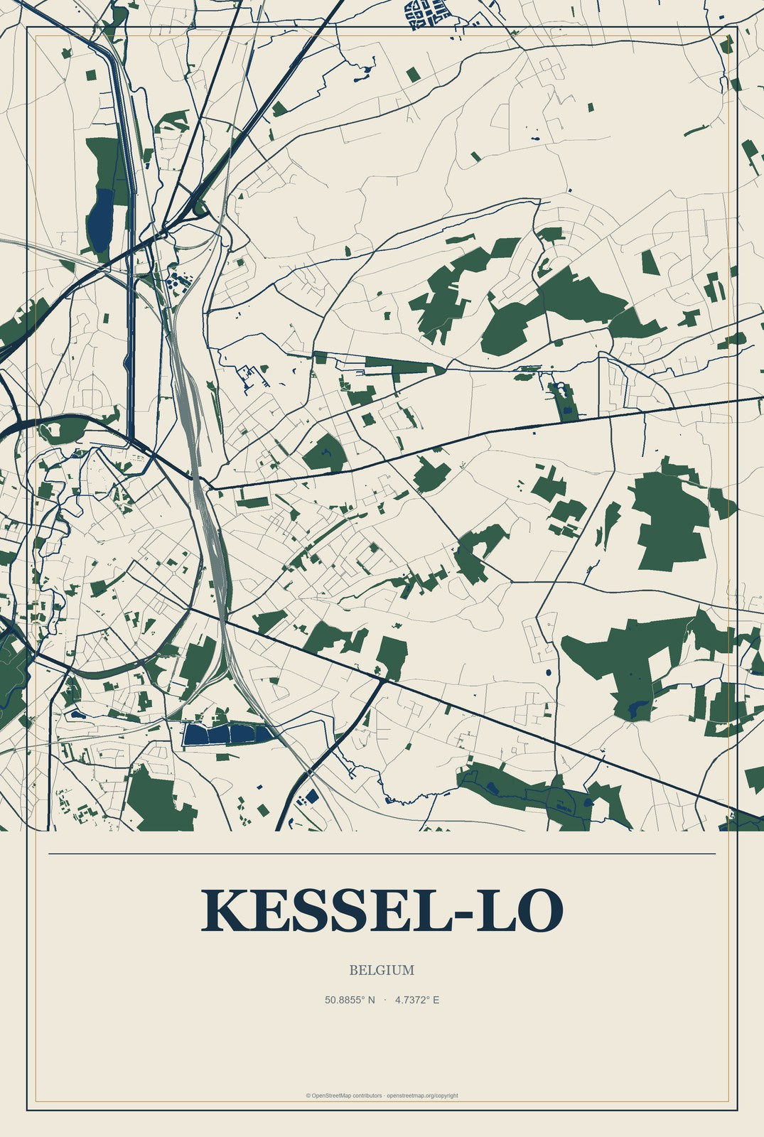 Kessel-Lo, Belgium City Map Aluminum Sign in Coastal Cutout style
