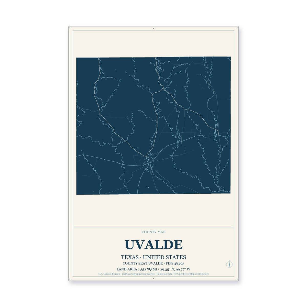 Uvalde County, Texas Map Aluminum Sign in Coastal Cutout style
